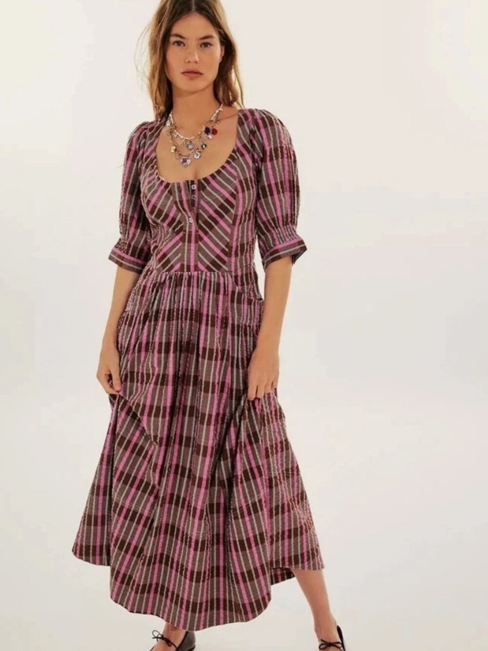 Free People Pink & Brown Tulie Plaid Midi Dress XS
